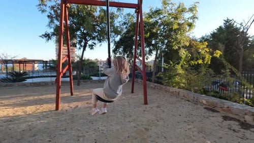 Kid Enjoying Exciting Rope Swing Ride on the Playground
