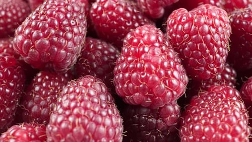 Rotierende frische rote Himbeeren, Nahaufnahme.