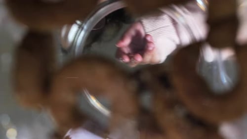 a little girl takes a cookie from a cookie jar inside view