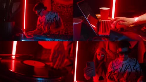 Split Screen of DJ Playing Electronic Music in Club with Neon Light