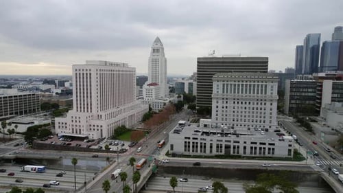 Drone Shot, Los Angeles City Hall, Courthouse, Hall of Justice, Highway and Spring Street Traffic, C
