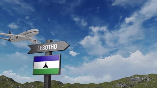 Lesotho Flag With Airplane And Arrow Sign