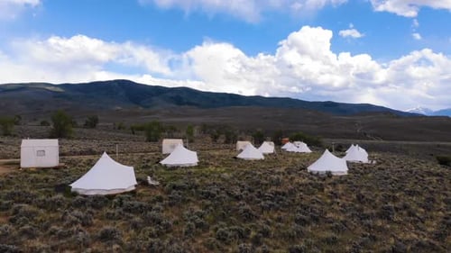 Aerial ascending shot over a camp site in the Estes Park of Colorado.