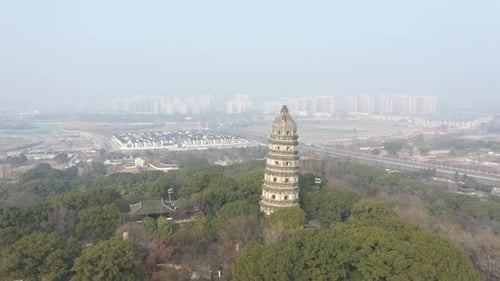 Aerial View of Suzhou’s Tiger Hill Park Scenery and Leaning Pagoda Suzhou City Jiangsu Province