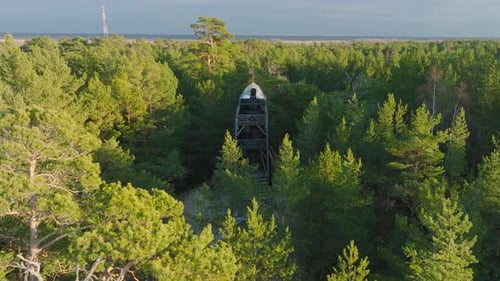 Aerial establishing view of modern boat shaped observation watchtower in the middle of pine tree for