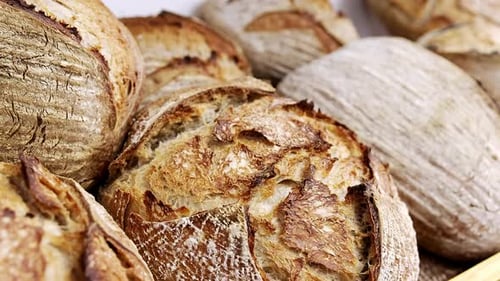Fresh loaves of sourdough bread displayed for sale