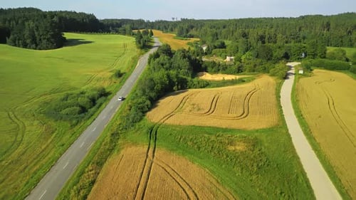 Car Driving Through Green Rural Fields Aerial View