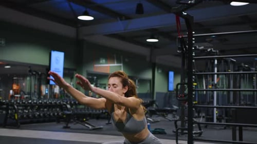 A Woman Does Sports Squats in a Sports Club