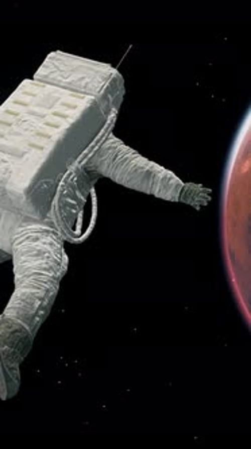 Astronaut flies in space around the Mars.