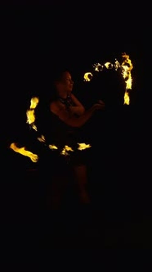 Dynamic Nighttime Fire Dance Performance Captured in Motion Featuring Swirling Flames Tracing