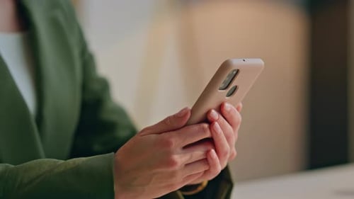 Woman Hands Holding Cellphone Office Closeup Businesswoman Using Mobile Phone