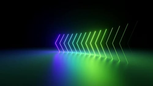 Blue green flashing neon arrows showing left direction, linear graphics