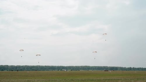 Military paratrooper land battlefield. Skydiver parachute touchdown. Parachutist
