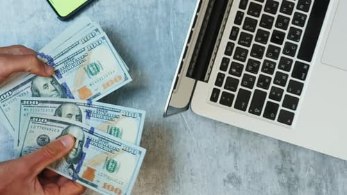 Hands counting US dollar bills at work desk. Vertical video