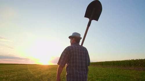 Rear View of a Farmer with a Shovel Walking Through the Field