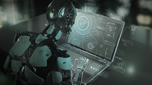 AI Robot Analyzing Data on Futuristic Laptop