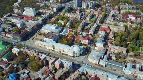 City bird eye view. Street aerial view with beautiful city block