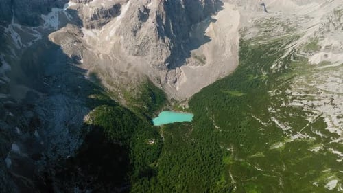 Aerial view of Lake Sorapis in Dolomites, Cortina D'Ampezzo