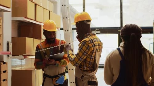 Warehouse Workers Discussing Inventory on Clipboard