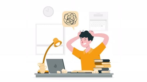 Flat Design Animated Scene of Person Overwhelmed by Work and Study