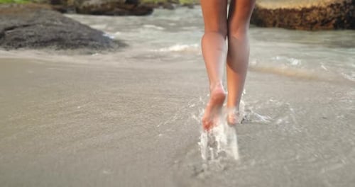 Woman Legs Bare Foot Walk Sand Beach Sea Water