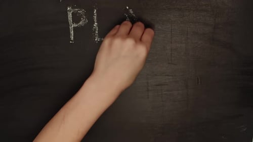 Hand writes PLAN on chalkboard, A, B, C alternatives