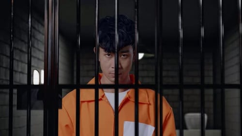 Close Up Of Prisoner In Prison, Raising Head And Looking To Camera In Anger