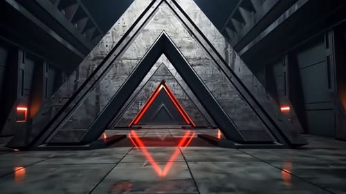 Futuristic, dark corridor with triangular, metallic structures, illuminated by red neon lights