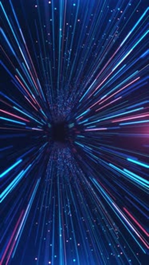 Tunnel de distorsion de la vitesse de la lumière futuriste, traînées lumineuses de fond se précipitant vers le point de disparition
