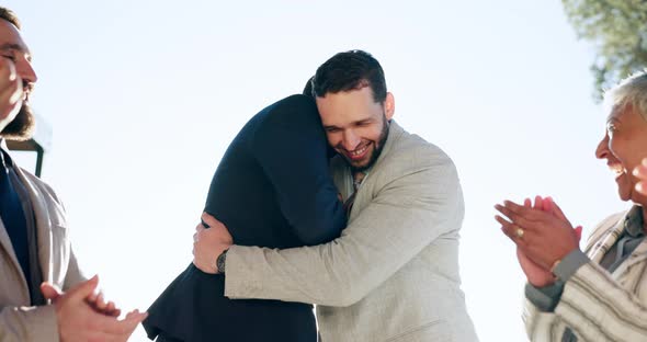 Handshake, hug and applause with a business team in celebration of a ...