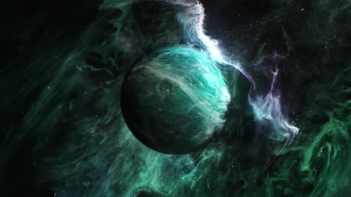 Abstract Space Planet with Green Nebula Swirling Background
