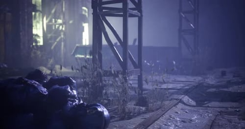 Eerie Abandoned Industrial Ruins in Fog Motion Background