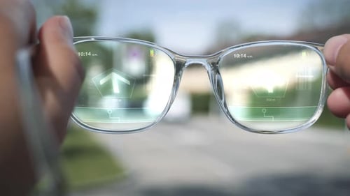 Augmented Reality glasses with navigation application show way to destination. Futuristic device, te