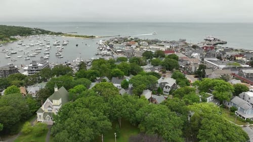 Drone shot flying over a town in Cape Cod, Massachusetts.