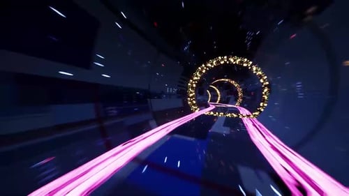 Futuristic Tunnel with Glowing Rings and Light Trails