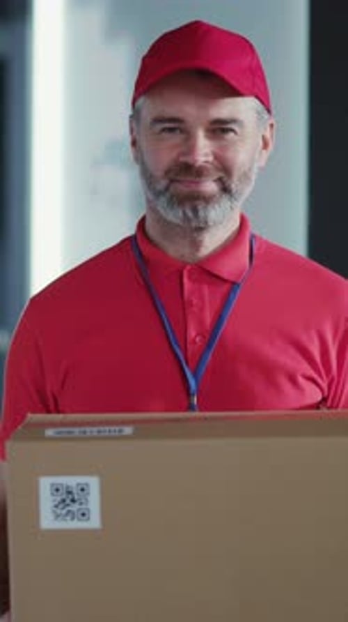 A Delivery Man in a Red Shirt Holds a Box Showcasing His Role