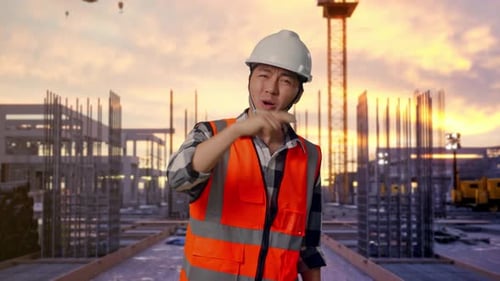 Construction Worker Gesturing Negatively at Construction Site Sunset