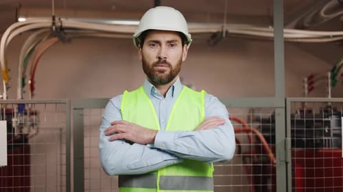 Male Engineer in Green Safety Gear Confidently Stands in Electrical Substation
