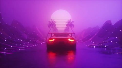 Glowing Dark Foggy Landscape With Riding Sports Car Synth Wave Background