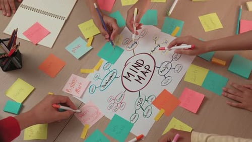Group of People Brainstorming with Mind Map and Sticky Notes