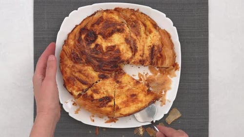 Phyllo dough pie with cream cheese filling close-up
