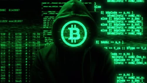 Hooded Hacker with Bitcoin Symbol Face and Glitch Code Background