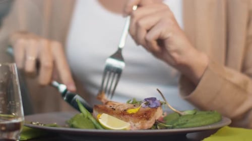 Attractive Young Woman Enjoying Fish Steak at Luxury Restaurant