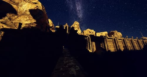 Ancient Ruins Illuminated Under a Starry Sky at Night