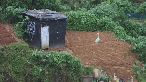 Small hut made out of a plastic sits in a bare field