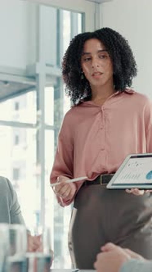 Presentation, tablet screen and businesswoman in office with statistics