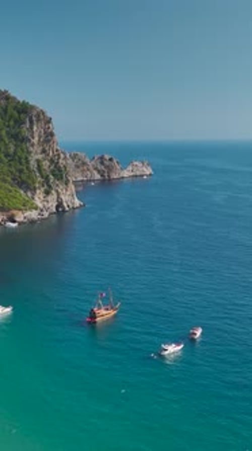 Aerial View of Pirate Ship Near Tropical Coastline