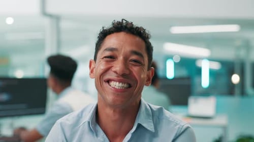 Happy man, face and software developer with pride for app development, web design