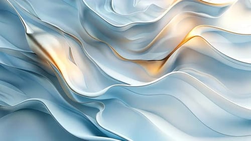 Abstract flowing liquid waves. Light blue, white and gold colors create a dynamic and smooth design