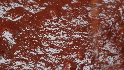 Close Up of Boiling Sugar with Bubbles Turns Into Caramel Caramelization Chef Cooking Dessert in